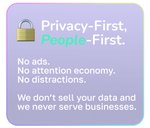 Privacy-First, People-First. A box outlining the core values of Syft: No ads, no attention economy, no distractions.